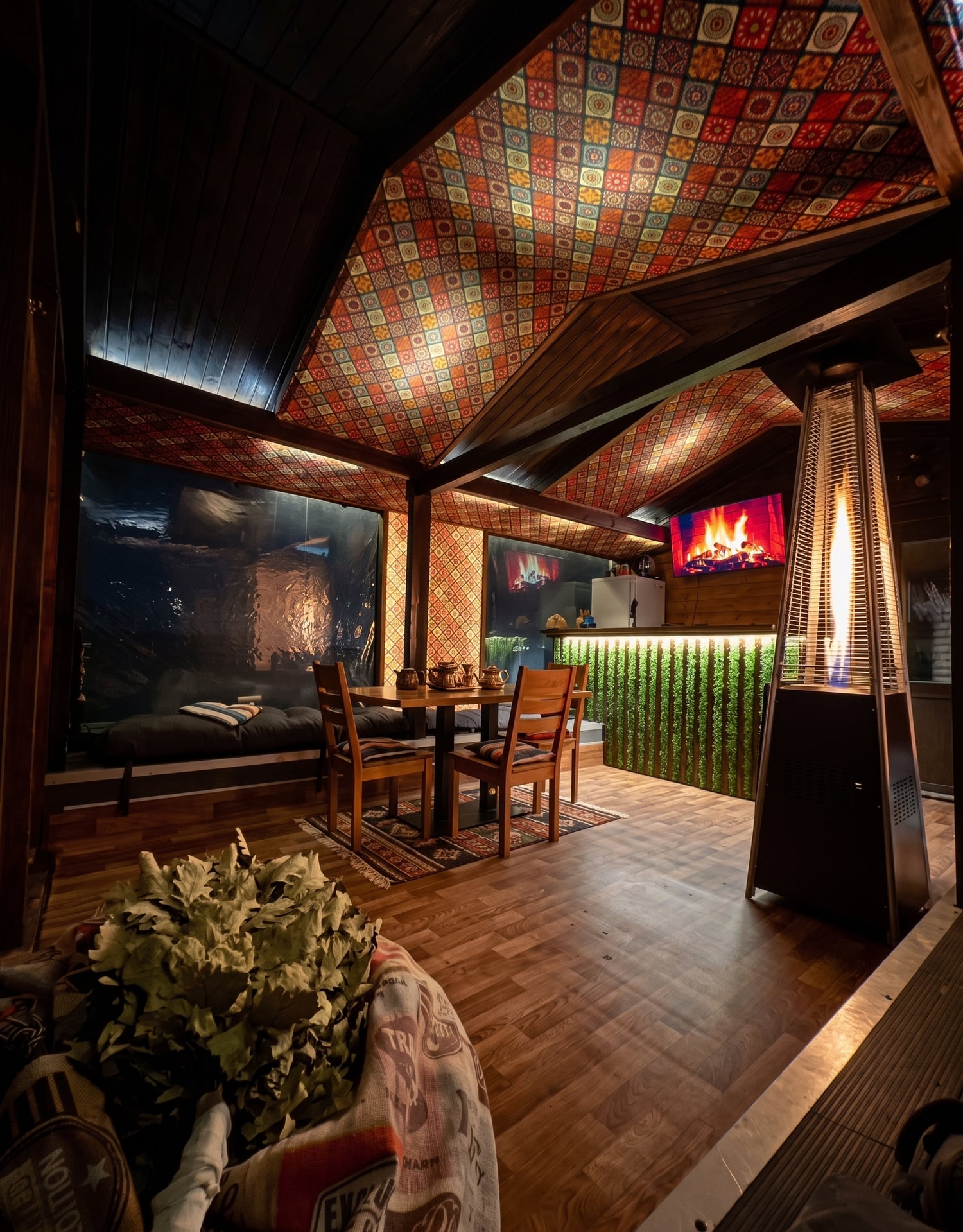 Cozy veranda interior of the floating banya